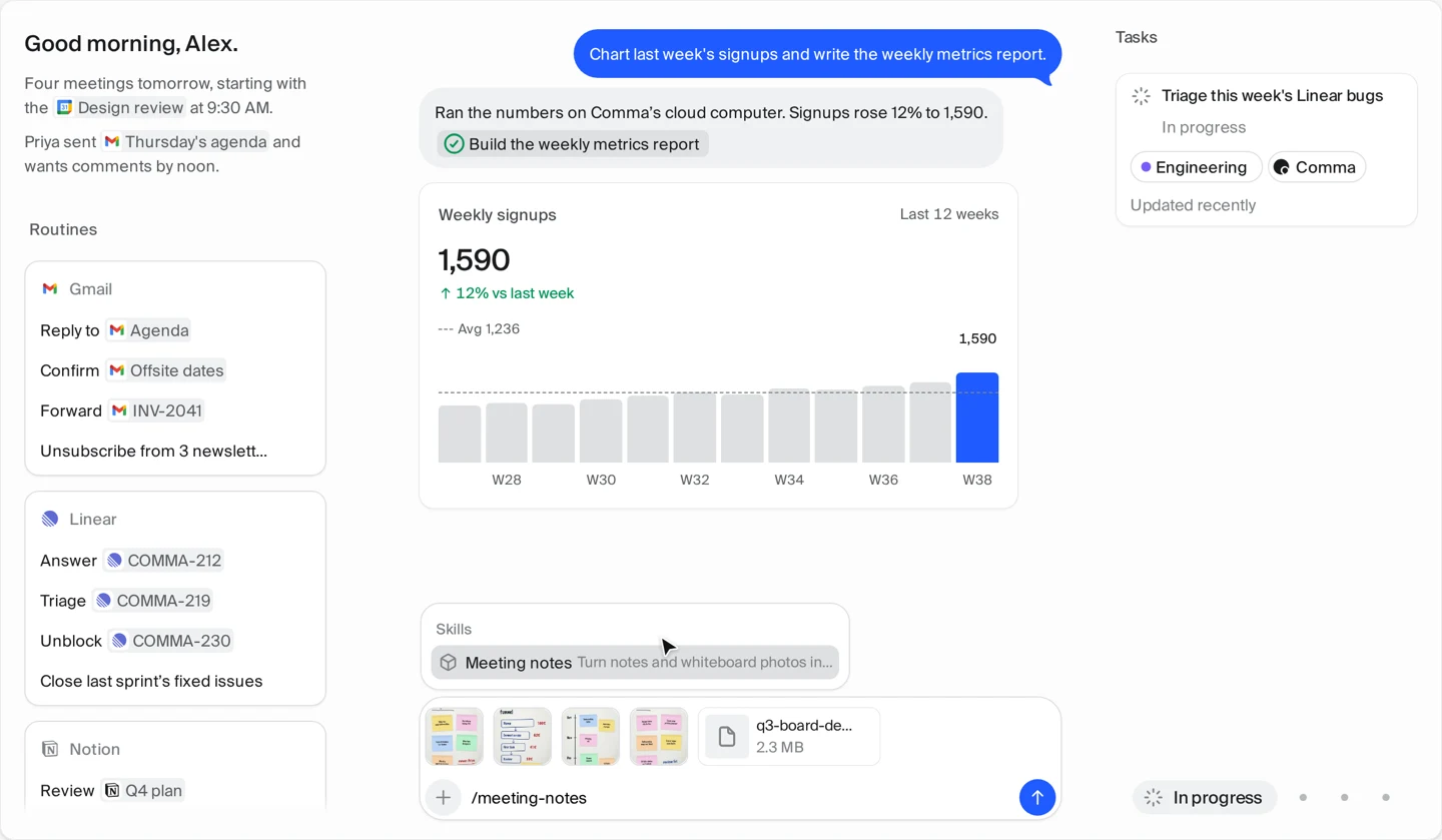 Comma's official Home chat demonstration includes a weekly metrics request and a reply saying the numbers were run on Comma's cloud computer.