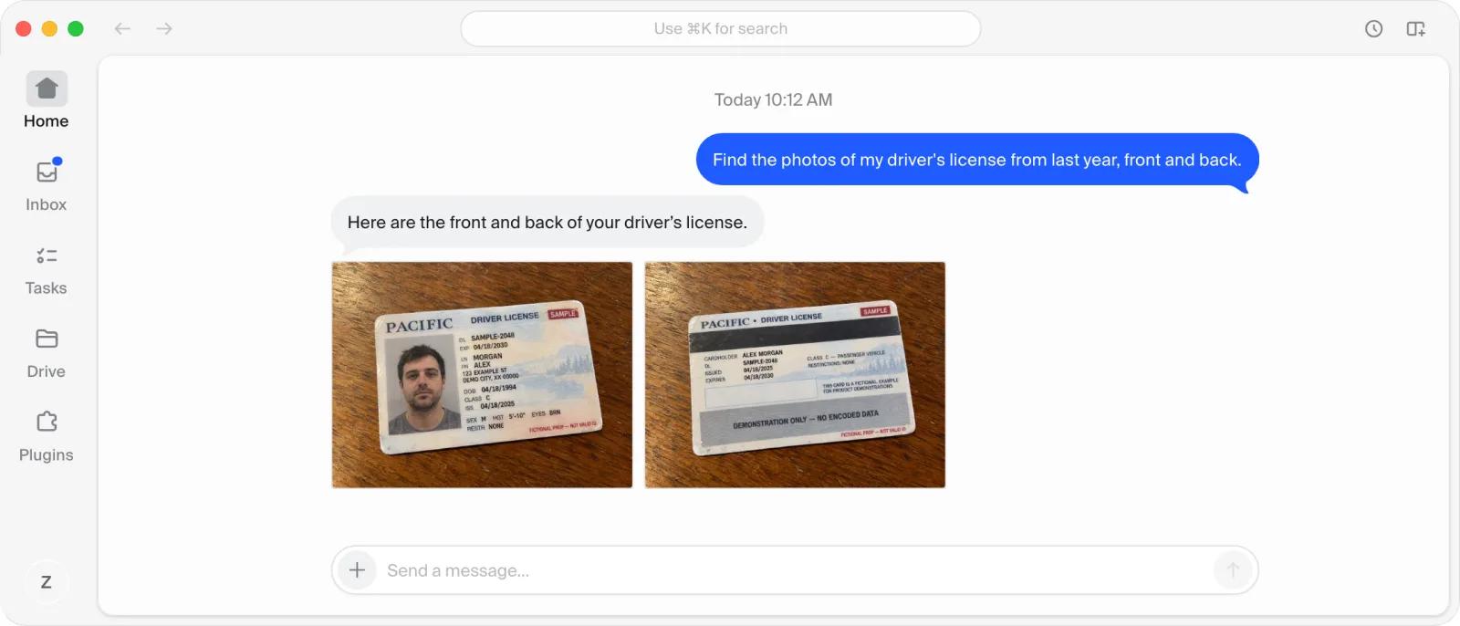 En Comma-chat: bedt om billederne af kørekortet fra sidste år, for- og bagside, sender Comma to billeder af et prøvekørekort.