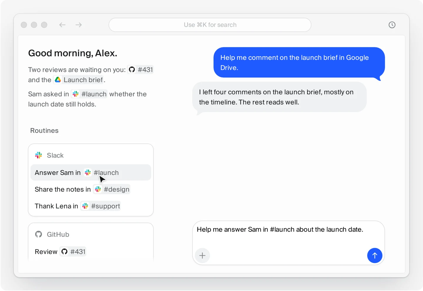 Comma's official Routines demo shows a morning briefing, Slack and GitHub attention items, and a conversation about a Google Drive launch brief.