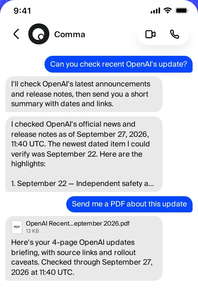 Official Comma Signal demo shows a request to check recent OpenAI updates, a sourced summary, and a follow-up PDF briefing.